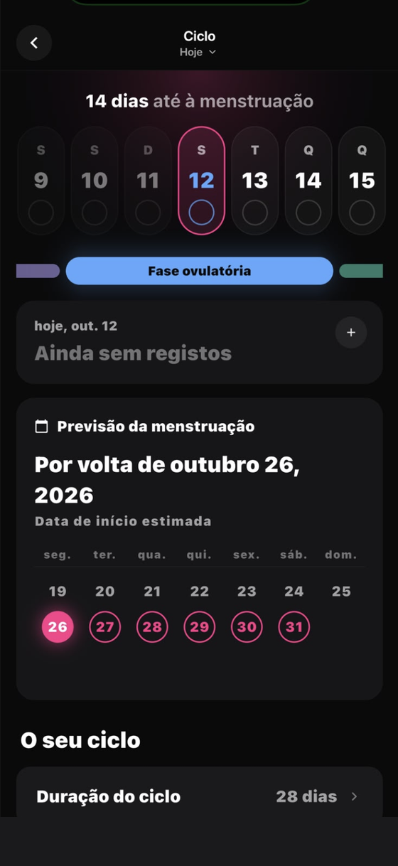 Monitorização do ciclo — Bionny app screen